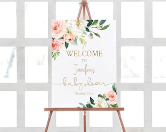 Letrero floral de bienvenida para baby shower: rosa y dorado (plantilla editable)