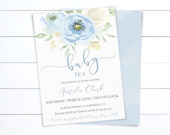 Invito per il baby tea party con motivo floreale blu: modello modificabile (download digitale)