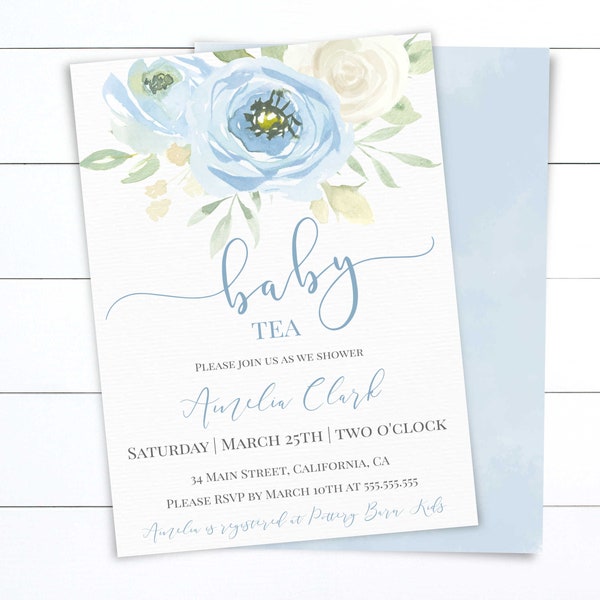 Blue Baby Tea Boy Invitation, Shower Tea Party Invitation, Printable Invite, Editable Template Corjl, Blue Ivory Floral, RB1