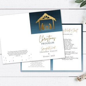 Pode incluir: Um programa de Natal azul e dourado para o Concerto de Natal e Jantar de Springfield Ward em 14 de dezembro de 2025. O programa inclui uma lista de nomes para o evento, incluindo o presidente, o indutor, o pianista e o regente do coro. O programa também inclui uma lista de canções e hinos que serão tocados, incluindo "Noite Silenciosa" e "What Child is This?"