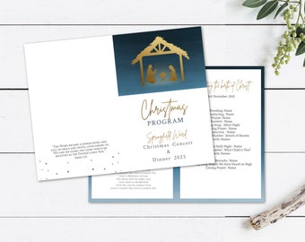 Nativity Christmas Program Template: Gold Dinner Program, Foldable (Editable PDF)