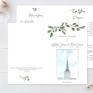 Peut inclure: Un programme pour une cérémonie de baptême avec une illustration aquarelle d'une branche feuillue. Le programme comprend les noms des personnes baptisées, la date de la cérémonie et un verset biblique. Le programme comprend également une photo d'un clocher d'église sur fond de ciel bleu.