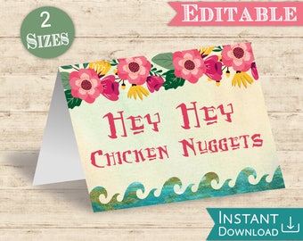 Moana Party Food Label-tentkaart: tropisch bloemdessin (bewerkbare afdrukbare pdf)