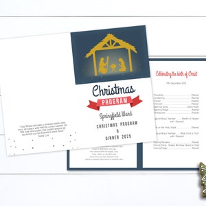 Pode incluir: Um programa de Natal azul e dourado para Springfield Ward, com uma ilustração da natividade e um programa para o jantar de dezembro de 2025. O texto inclui "Celebrando o nascimento de Cristo" e "Programa de Natal e jantar 2025".