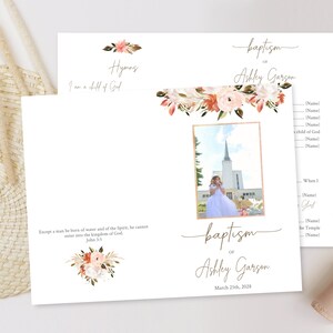 May include: A baptism program with a floral design and a photo of a young girl in a white dress. The program includes the name "Ashley Garson" and the date "March 25th, 2028".