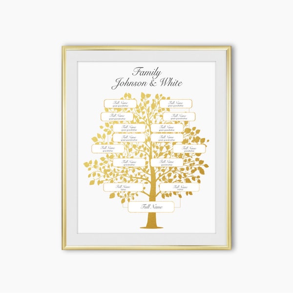 Editable Family Tree, Digital Print, Template, Genealogy Tree in Gold, Printable Art Wall, Family Tree