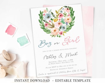 Gender Reveal Invitation Baby Gender Revalation Invite Pink Blue floral Baby Shower Reveal Invitation Editable Template Gender Revelation