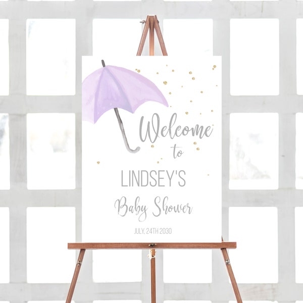 Girl Baby Shower Welcome Sign Umbrella gold rain drops Purple Instant Download Printable Editable template