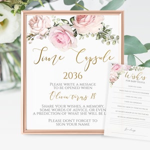 Floral Baby Shower Time Capsule Cards Sign Printable Editable Template Corjl Blush Pink Gold Romantic Watercolor Floral Sign + Cards RB2