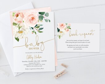 Zestaw zaproszeń na baby shower z motywem kwiatów w kolorze różu: karta z prośbą o książkę (szablon cyfrowy)