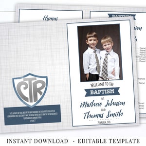 LDS Baptism Program Printable, for 2 Boys with Picture, Editable Template, Navy Grey Foldable Program