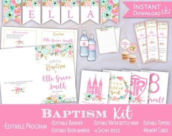 LDS Baptism Program SET, Girl LDS Baptism Program, Editable Template, Floral Pink Mint, Toppers Banner Book markers Water Bottle, MBG12