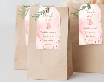 Labels voor bedankje babyshower vlinder: aquarel bedanklabels (bewerkbare sjabloon)