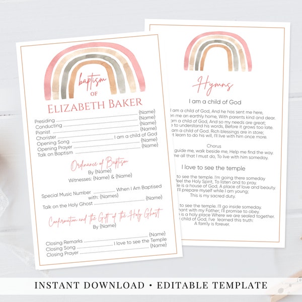 LDS Rainbow Baptism Program, Printable Baptism Program, Rainbow Watercolor, Minimalist, Boho Calligraphy, Editable Template, PR1