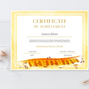 Certificate of Achievement Music Recital Recognition Award Editable Template Piano Music Notes Music Printable Music School