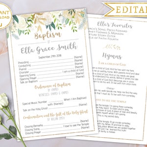 LDS Baptism Program Girl, Printable Baptism Program, Floral Gold White Watercolor, Editable Template