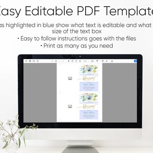 May include: A computer screen displaying a PDF template with a blue and green floral design. The text "Blessing" is visible on the template. The text is editable and the template can be printed as many times as needed.