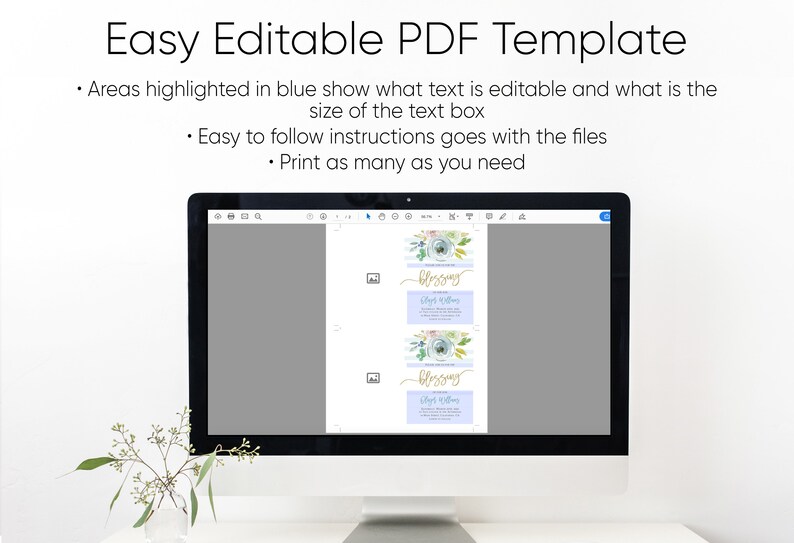 May include: A computer screen displaying a PDF template with a blue and green floral design. The text "Blessing" is visible on the template. The text is editable and the template can be printed as many times as needed.