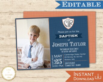 Baptism Invitation Boy, LDS Printable Invitation, Blue Navy Orange CTR, Editable Template