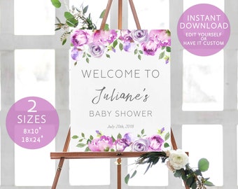 Baby Shower Welcome Sign Printable Template Editable Sign Welcome Lavender Lilac Sign Flower Printable Welcome Sign Shower Instant Downloa