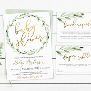Greenery Baby Shower Invitation Set, Printable Shower Invitation Bundle, Invite Kit, Greenery Olive Gold, Editable Template Corjl, GOG8