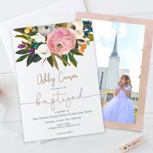 Baptism Invitation, Invitation Printable, LDS Girl Baptism Invite, Acrylic Paint Rose Antique Flowers, Editable Template Corjl, AR12