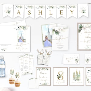 Könnte beinhalten: Ein Set an Dekorationen für eine Tauffeier in Grün und Gold. Die Dekorationen beinhalten ein Banner, Einladungen, Wasserflaschenetiketten, Cupcake-Topper und Schilder. Das Banner sagt "Ashley". Die Einladungen sagen "Taufe von Holly Garim". Die Wasserflaschenetiketten sagen "Taufe von Holly Garim". Die Cupcake-Topper zeigen einen Tempel und die Zahl 8. Die Schilder sagen "Willkommen zur Taufe von Ashley", "Bitte hinterlassen Sie eine Nachricht", "8 ist toll", "Ich liebe es, in den Tempel zu gehen", und "Ich bin ein Kind Gottes".