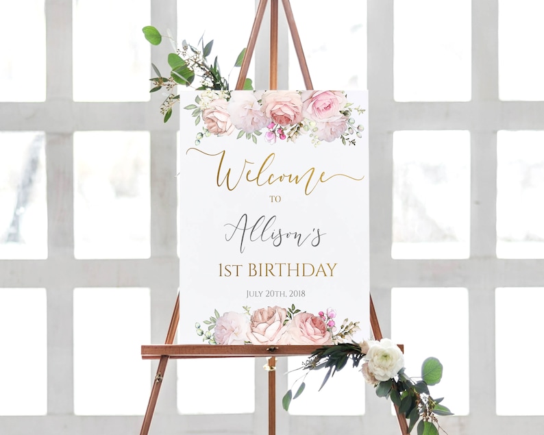 Editable Template Gold Calligraphy Romantic Blush Floral Birthday Welcome Sign Printable