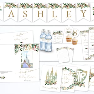 Baptism Program Bundle Kit, Christmas Greenery Foliage, Printable Baptism Program, Editable Template, banner, water bottle, posters, CM32