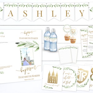 Programme de baptême, imprimable, kit, ensemble, fille de baptême LDS, modèle modifiable, feuilles d'olivier de verdure, calligraphie d'or, GOG8