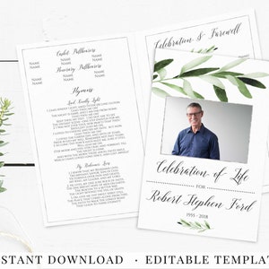 May include: A printable template for a celebration of life memorial card. The card features a green watercolor olive branch design, a photo placeholder, and the text "Celebration of Life for Robert Stephen Ford 1955-2018".