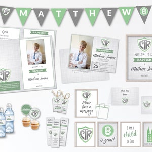 May include: A set of baptism party decorations with a green and gray color scheme. The decorations include a banner, invitations, water bottles, cupcake toppers, favor bags, and a welcome sign. The text on the decorations says "Matthew 8" and "Welcome to the Baptism of Matthew Jonson".