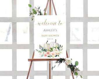 Pumpkin Baby Shower Welcome Sign: Blush Floral (Editable Template)