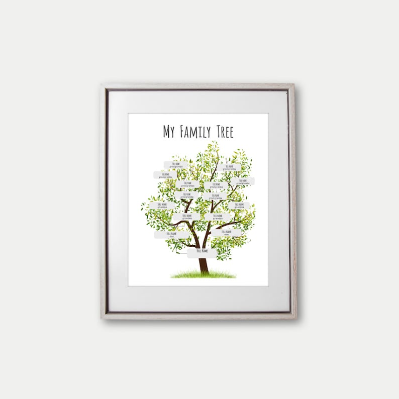 May include: Framed print featuring a family tree illustration. The artwork depicts a tree with green leaves and spaces for names, with the text "MY FAMILY TREE" at the top. The frame is a light gray color.