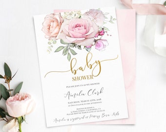 May include: A pink and white floral baby shower invitation with gold lettering. The invitation reads "baby shower" and includes the name "Anelia Clark" and the date "Saturday, March 23th, 2018".