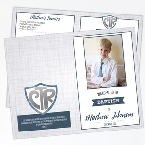 May include: A blue and white invitation for a baptism. The invitation features a photo of a young boy in a white shirt and tie, a blue shield with the letters "CTR" inside, and the text "Welcome to the Baptism of Mathew Johnson 27th March, 2018".