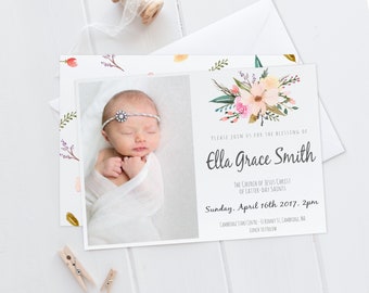 LDS Baby Blessing Invitation Printable, Floral Blush Peach pink, Girl blessing Invite, Editable Template Corjl