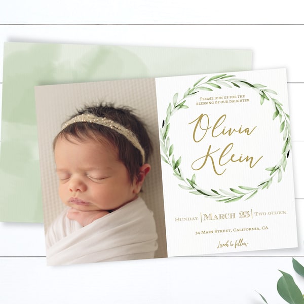 LDS Baby Blessing Invitation, Printable, Landscape, Editable Template, Greenery Foliage Olive Leaves Golden Watercolour, GOG8