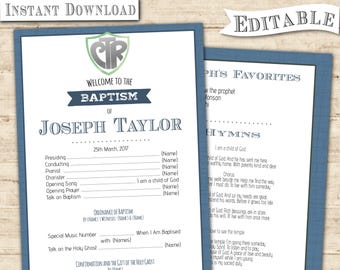 May include: A printable baptism program template with a blue and green color scheme. The program includes a welcome message, the name of the person being baptized, the date of the baptism, and a list of hymns. The program is editable, so you can customize it to fit your needs.