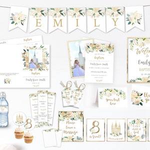 LDS Baptism Program Kit Printable Baptism Bundle Girl LDS Baptism Editable Template White Gold Floral Favor Tags Banner Bookmakers