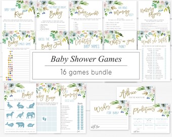 Puede incluir: Un conjunto de 16 juegos de baby shower imprimibles con un diseño floral de acuarela azul y verde. Los juegos incluyen "Baby Name Race", "The Price is Right, Baby", "Baby Scramble", "Who Knows Mommy Best", "Nursery Rhymes", "What's in Your Phone", "Would She Rather", "Baby Emoji Game", "Guess the Baby Food", "Celebrity Baby Names", "Who is My Baby", "Baby Bingo", "Daddy or Mommy Guess What", "Advice for the Mom to Be", "Wishes for Baby", and "Predictions".