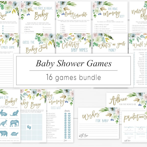 Baby Shower Games, Baby Games Set, Baby Games Printable, Blue floral Watercolor, Baby Shower Boy Games, Baby Games Bundle, BGG9, who's baby