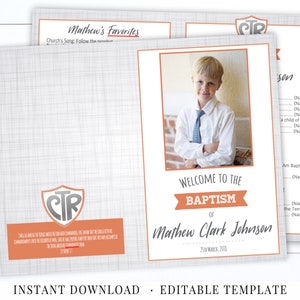 Peut inclure: Un modèle de programme de baptême imprimable avec une photo d'un jeune garçon en costume et cravate. Le programme comprend le texte "Bienvenue au baptême de Mathew Clark Johnson 25 mars 2013".