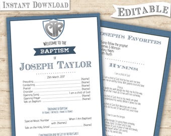 Boy Baptism Program: Blue Navy CTR Shield (Editable PDF)