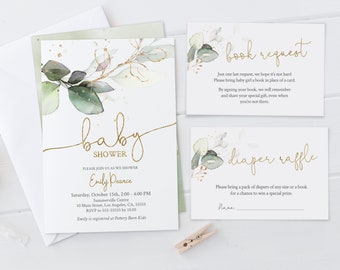 Uitnodigingsbundel eucalyptusbabyshower: groen, loterij, boek (bewerkbare sjabloon)