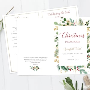 May include: A Christmas program announcement with a watercolor design of pine branches, berries, and gold accents. The text reads "Christmas Program", "Springfield Ward", "Christmas Concert & Dinner 2025".
