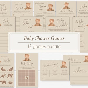 May include: A set of 12 printable baby shower games featuring a cute cartoon bear. The games include "Baby Name Race", "Guess the Baby Food", "Who Knows Mommy Best?", "Baby Emoji Game", "Baby Around the World", "Daddy or Mommy", "Over or Under", "Baby Bingo", "Predictions for Baby", "Advice for the Mom-to-Be", "Wishes for Baby", and "Who is My Baby".