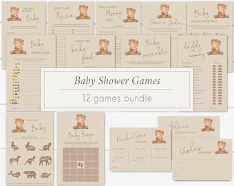 Teddy Bear Baby Shower Games Bundle, Baby Games Printable, Editable Corjl, Baby Games Set, Baby Shower Games Kit, Boho Baby Bear TB1