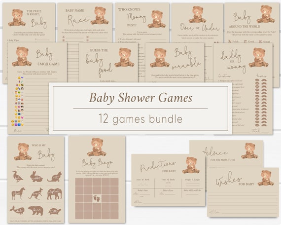 Teddy Bear Baby Shower Games Bundle, Baby Games Printable, Editable Corjl, Baby Games Set, Baby Shower Games Kit, Boho Baby Bear TB1