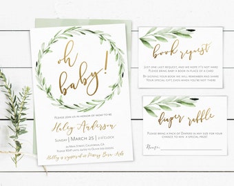 Greenery Baby Shower Invitation Set: Olive Gold (Editable Template)